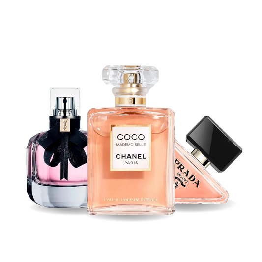 HELYETTESÍTŐ (NEM EREDETI REPLIKA) PARFÜM SZETT – EREDETI PARFÜMÖK ÁLTAL IHLETETT: Prada PARADOXE, COCO MADEMOISELLE és MON PARIS 100 ml.