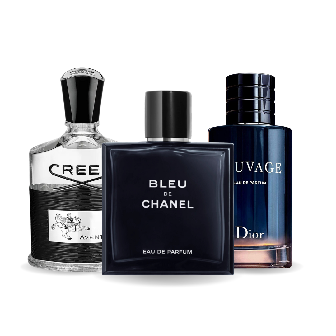 HELYETTESÍTŐ (NEM EREDETI REPLIKA) PARFÜM SZETT – EREDETI PARFÜMÖK ÁLTAL IHLETETT Creed AVENTUS, BLEU DE CHANEL és Dior SAUVAGE 100 ml.