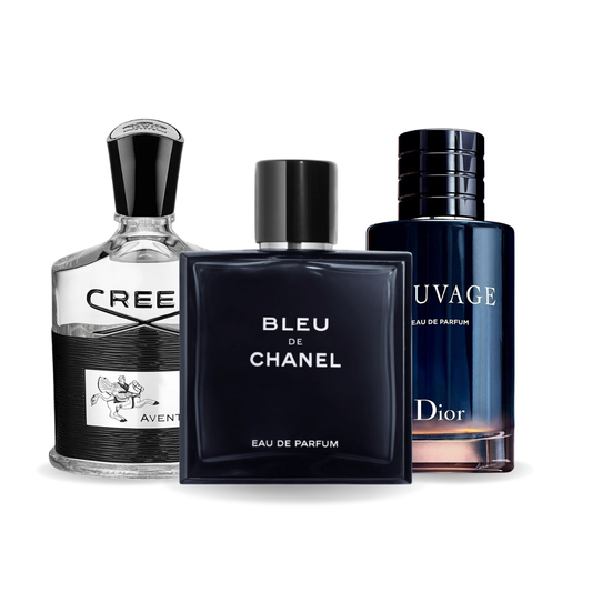 HELYETTESÍTŐ (NEM EREDETI REPLIKA) PARFÜM SZETT – EREDETI PARFÜMÖK ÁLTAL IHLETETT Creed AVENTUS, BLEU DE CHANEL és Dior SAUVAGE 100 ml.
